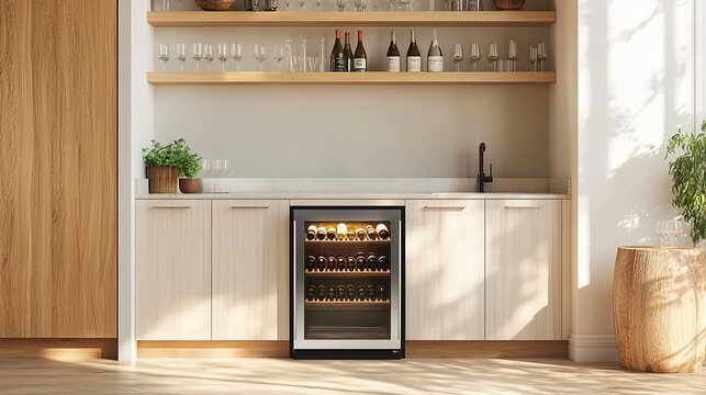 A photo of modern kitchen cabinets with a built-in wine refrigerator, white cabinet doors, and glass shelves above the cabinets. 