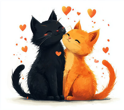 A cute illustration of two cats cuddling with hearts, perfect for Valentine's Day or cat-themed designs