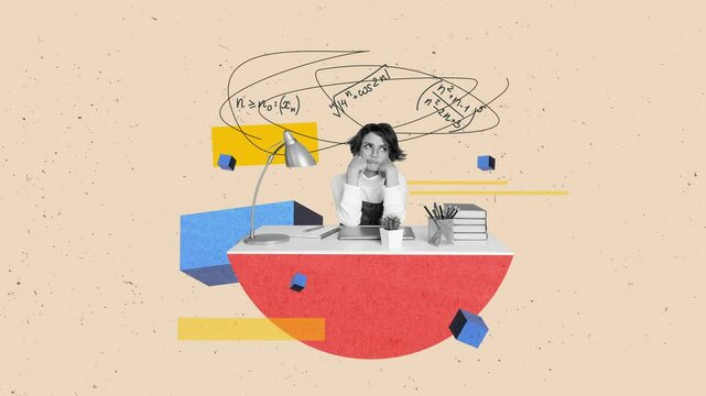 Creative motion collage video of businesswoman sit workplace think formula university student math subject workload