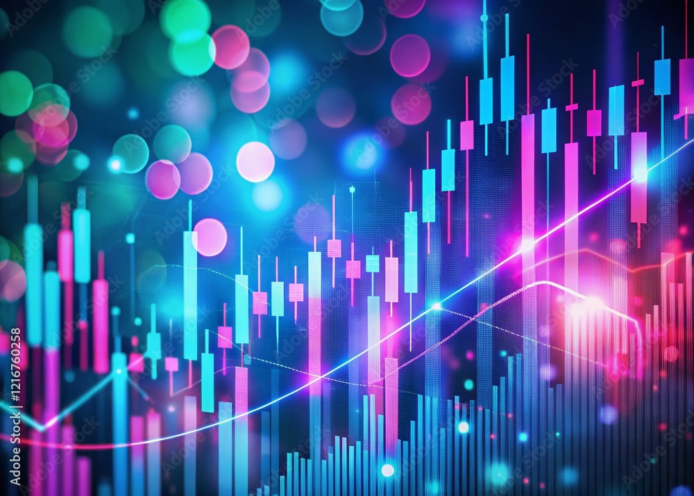 Poster abstract neon pink cyan candlestick stock market graph with bokeh effect - dynamic financial chart