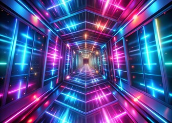 Fototapeta premium Abstract Neon Tunnel: Rotating Geometric Background with Glowing Blue Pink Purple Squares