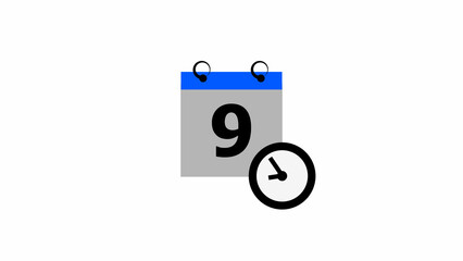 Abstract calendar icon - day 9 4k illustration. Clock icon black color 4k illustration transparent  appointment, important date on light gray background.