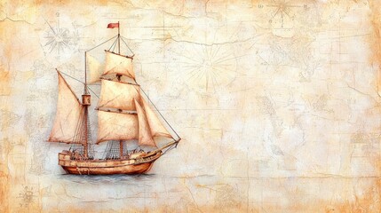 Vintage Sailboat Illustration on Antique Map Background with Detailed Nautical Elements and Soft Color Palette