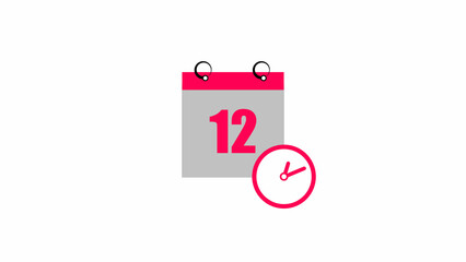 Abstract calendar icon - day 12 4k illustration. Clock icon magenta red color 4k illustration transparent  appointment, important date on light gray background.