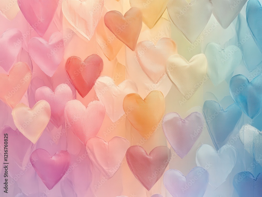 Poster a pastel color palette of hearts stacked in layers, with each layer fading into the next, creating a