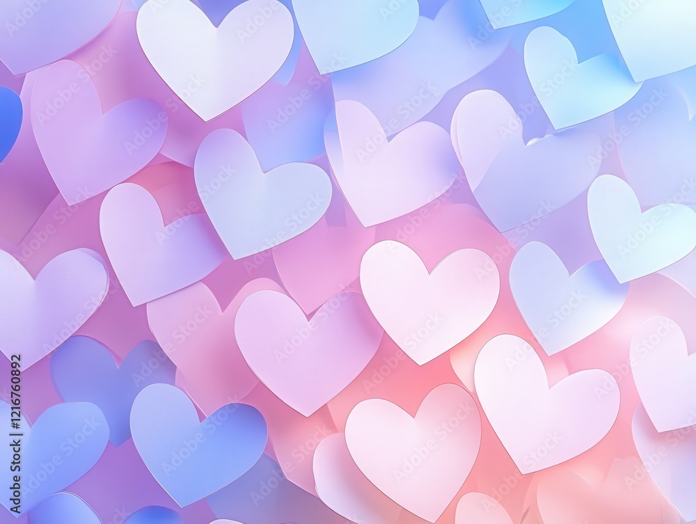 Poster a pattern of pastel heart shapes in layers, gently overlapping to form a calm and serene background,