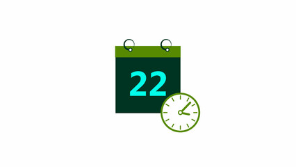 Abstract calendar icon - day 22 4k illustration. Clock icon lime green color 4k illustration transparent  appointment, important date on white background.