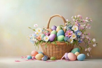 Easter basket overflowing with colorful eggs and vibrant flowers against a soft background. Generative AI
