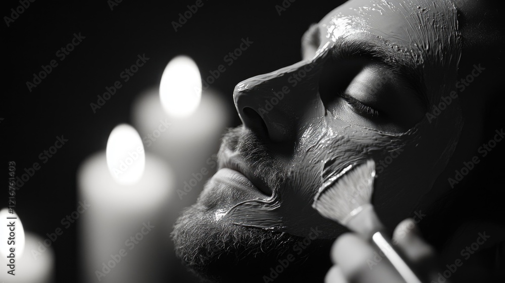 Poster a man is getting his face painted with a brush. the man is in a relaxed state, and the candles in th