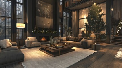 Fototapeta premium Cozy modern living room decorated for winter with a fireplace and holiday ambiance