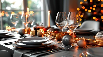 Elegant holiday dinner setting with decorative tableware, candles, and festive lights in background