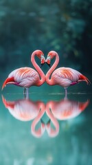 Naklejka premium A peaceful scene of two flamingos with their necks intertwined to form a heart, reflecting on the still surface of a tropical lake