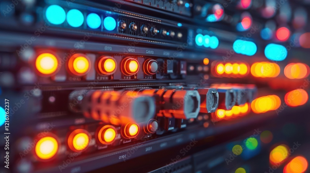 Poster close-up view of illuminated control panel with colorful lights and knobs in a tech environment