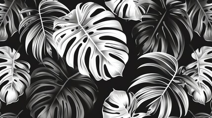 A black and white tropical leaf pattern with a dark background.