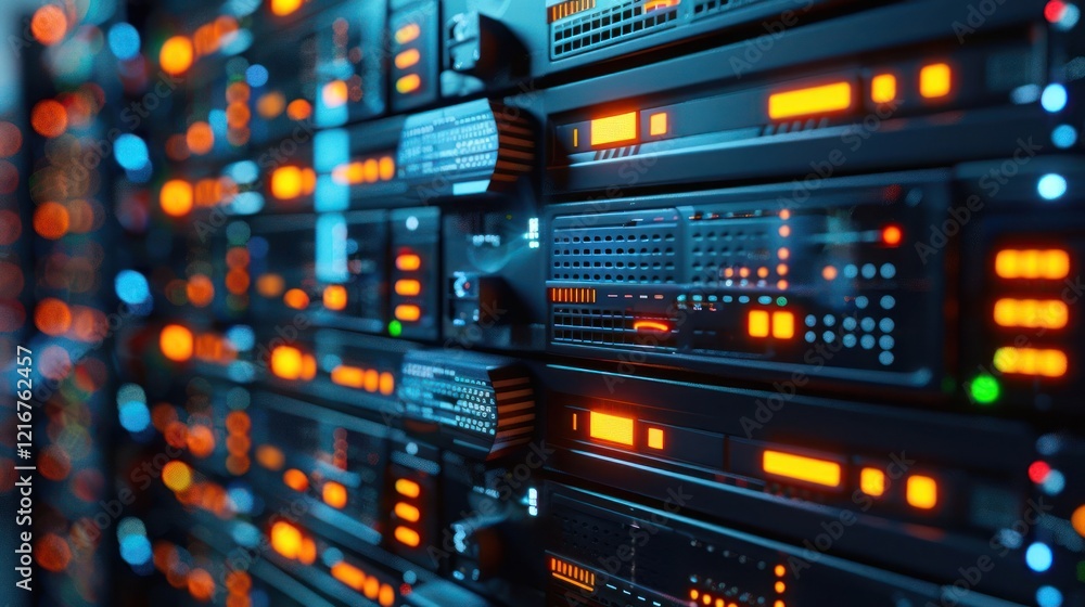 Poster close-up view of illuminated server racks in a data center showcasing technology and connectivity (5