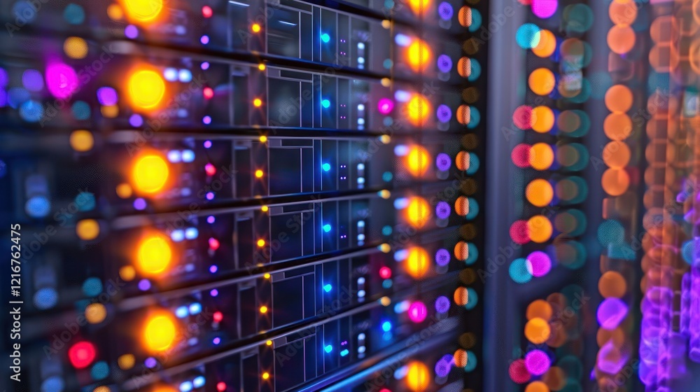 Poster close-up of illuminated server racks showcasing vibrant lights in a data center environment
