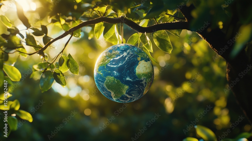 Poster a close-up image of a small model earth hanging from a branch, symbolizing the interconnectedness of