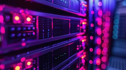 Close-up view of illuminated server racks in a data center with vibrant LED lights and technology