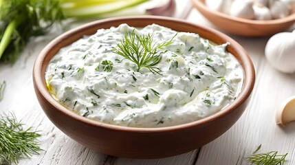 Tzatziki sauce with garlic and dill in a wooden bowl