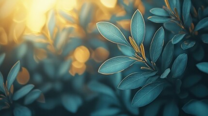 Fototapeta premium Sunlit teal leaves glow at sunset in a garden
