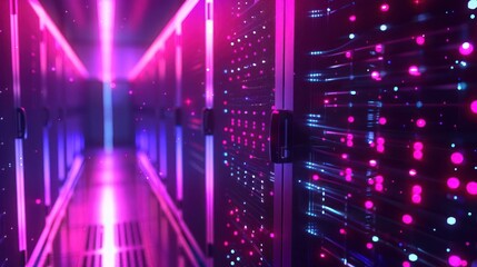 Futuristic data center corridor illuminated by vibrant pink and blue lights with servers