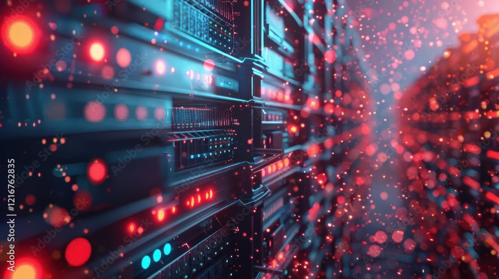 Aufkleber abstract view of a data center with illuminated servers and vibrant bokeh effects in the background
