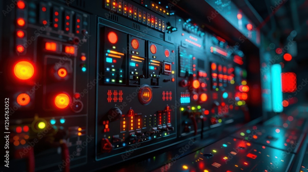 Poster futuristic control panel with glowing buttons and screens, showcasing advanced technology in a dark 