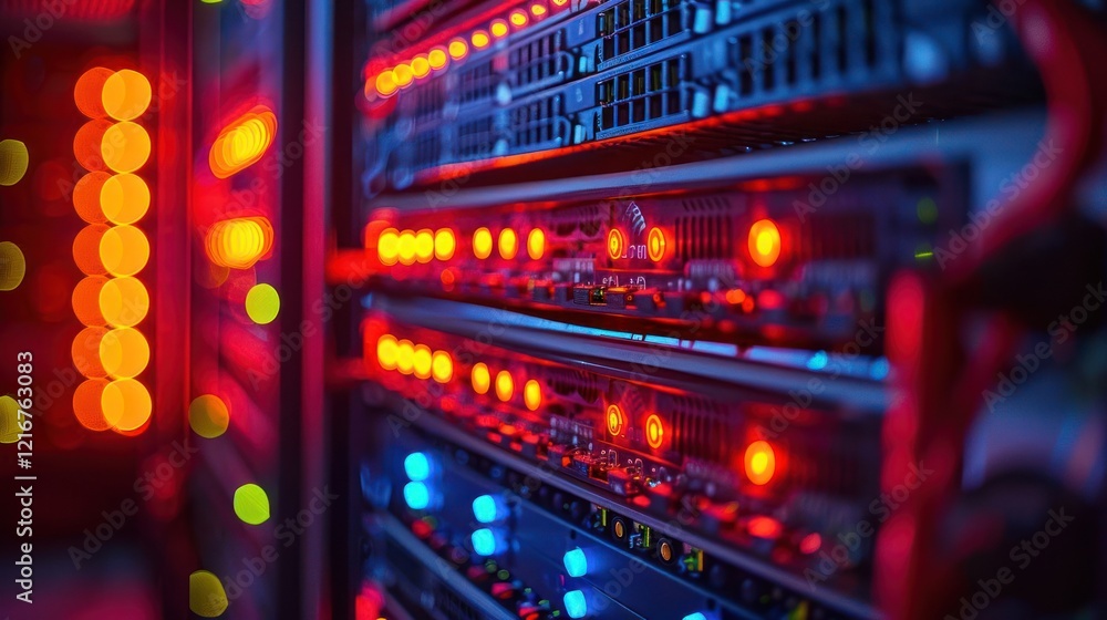 Poster close-up view of illuminated server racks in a data center showcasing technology in action (12)