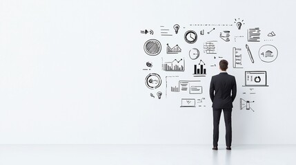 Businessman contemplating strategy and data visualization on a white wall.