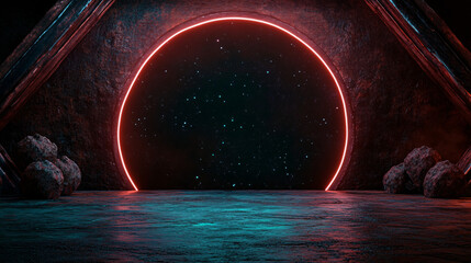 glowing circular portal reveals starry night sky, framed by textured walls and rocks, creating mystical atmosphere