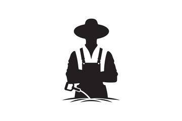 simple and subtle vector silhouette of farmer in black and white, set against a white background. 
