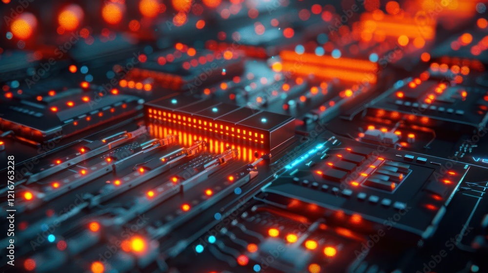 Poster close-up view of a vibrant circuit board with glowing components and intricate details