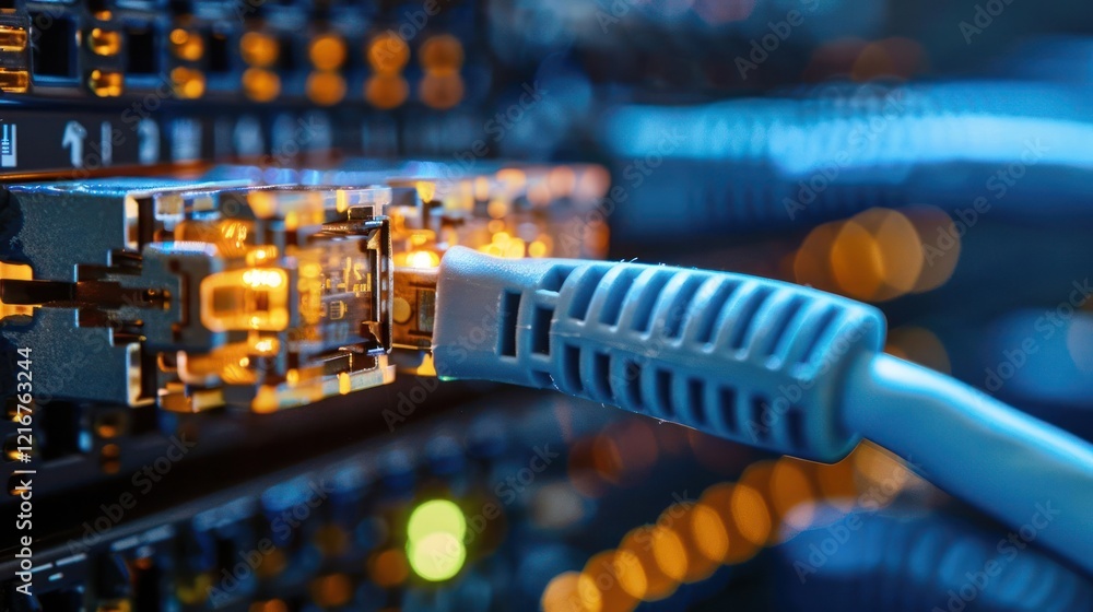 Poster close-up of a network cable connecting to a server with glowing lights in a data center