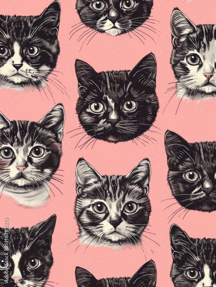 Poster a pattern of cats with different colors and features. the cats are all looking at the camera. the im