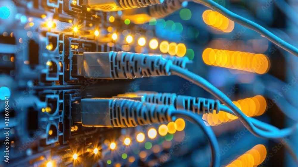 Poster close-up view of network cables connected to a server, illuminated by colorful led lights