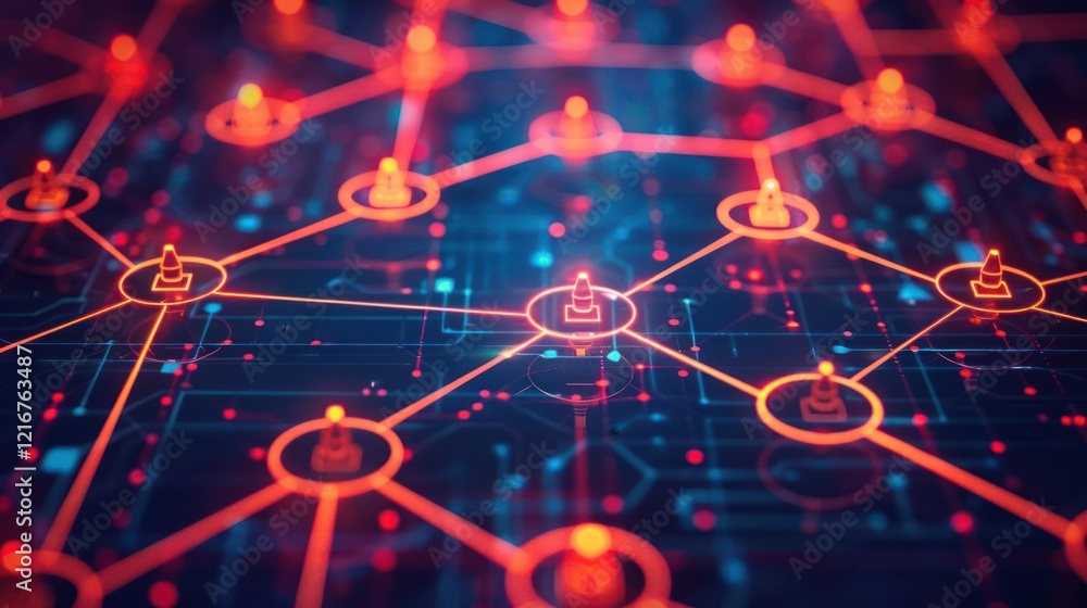 Aufkleber abstract digital network with glowing nodes and connections on a dark background, symbolizing techno