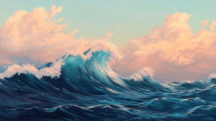 Dramatic Ocean Waves Crashing Under a Pastel Sunset Sky Seascape Painting
