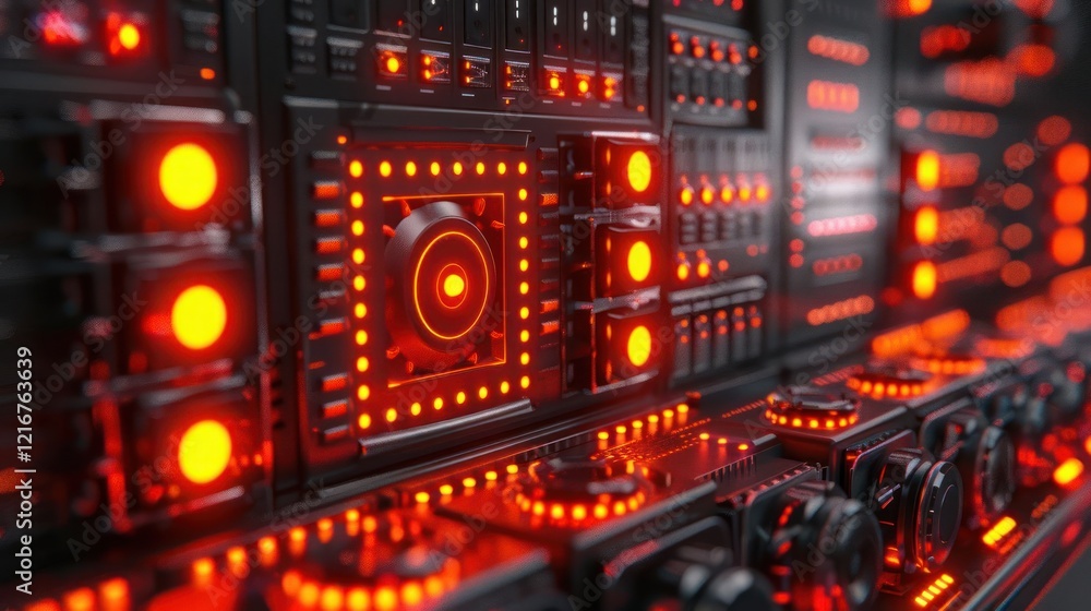 Poster close-up view of a futuristic control panel with glowing red lights and intricate circuitry