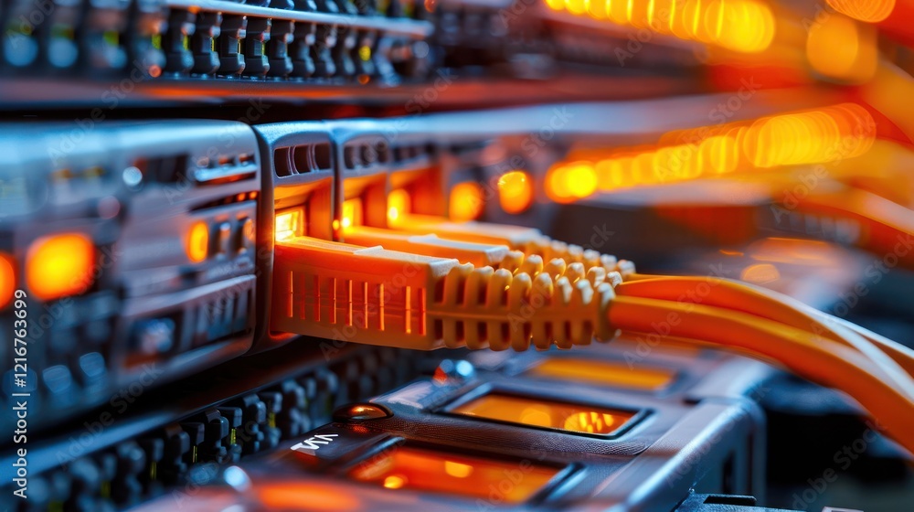 Poster close-up of illuminated network cables connected to servers in a data center, showcasing technology