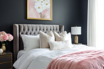 Elegant Gray Velvet Bedroom With Pink Accents