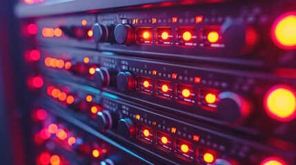 Close-up of illuminated server racks showcasing vibrant red lights in a data center environment