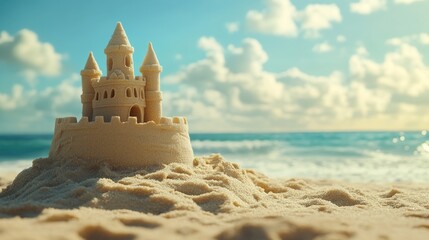 A sandcastle on the beach, cinematic and beautiful, with waves in the background