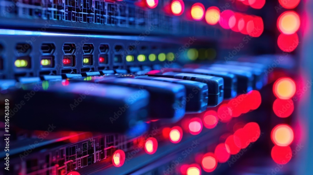 Poster close-up of illuminated server racks showcasing vibrant led lights in a data center