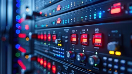 Close-up view of illuminated server rack with colorful lights and control panels in a data center