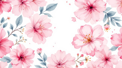 Pink watercolor flowers seamless pattern transparent background