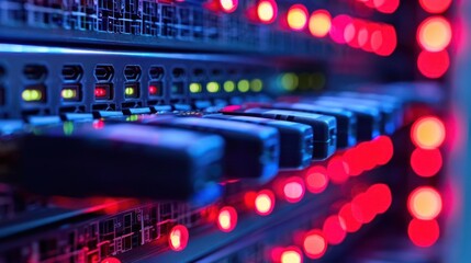 Close-up of illuminated server racks showcasing vibrant LED lights in a data center