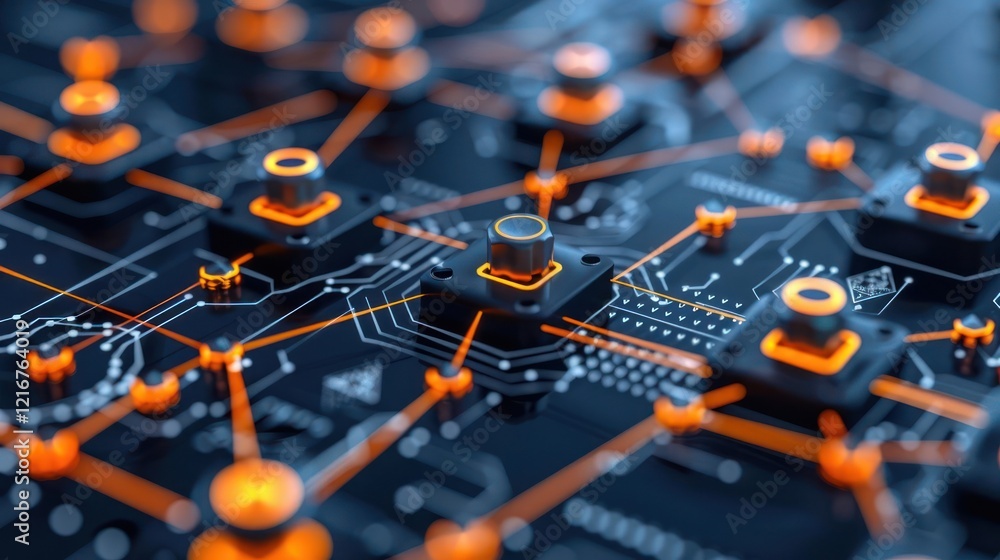 Poster close-up view of a futuristic circuit board with glowing connections and buttons, showcasing technol