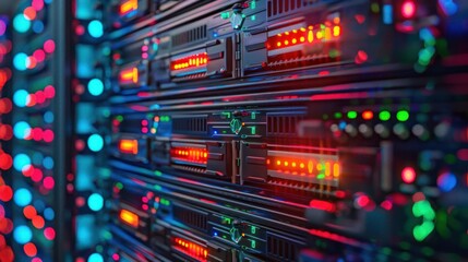 Close-up view of illuminated server racks showcasing data processing technology in action (5)
