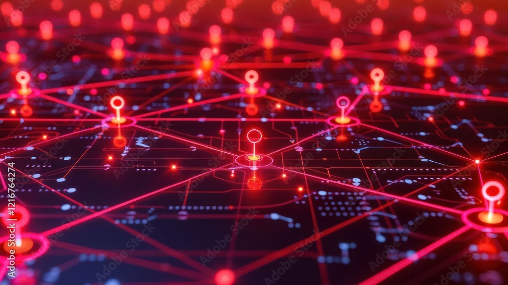 Poster abstract digital network illustration with glowing nodes and connections on a dark background