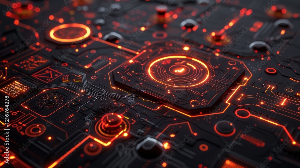 Poster abstract close-up of a high-tech circuit board with glowing orange lines and intricate patterns